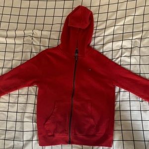 red, Tommy Hillfiger zip-up sweater.